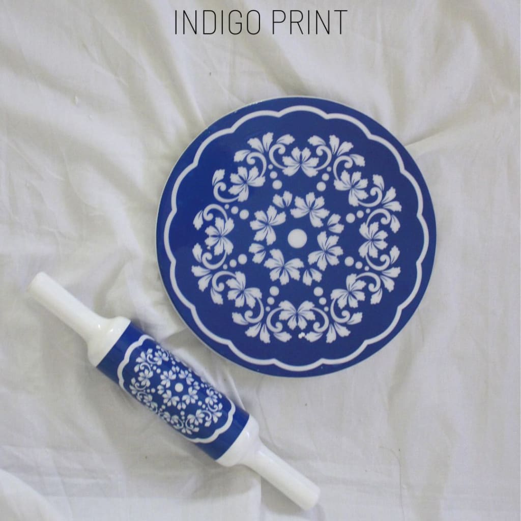 Stoneluxe Real Marble Chakla And Belan | Rolling Board Pin Set Indigo Print