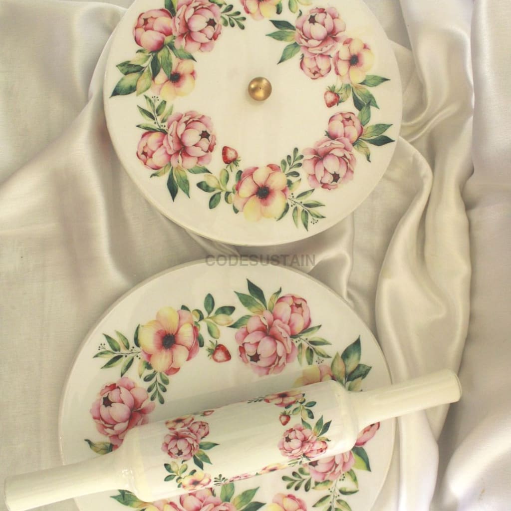 Real Marble Chakla and Belan | Roti Chakla Belan Pink Floral Kitchenware