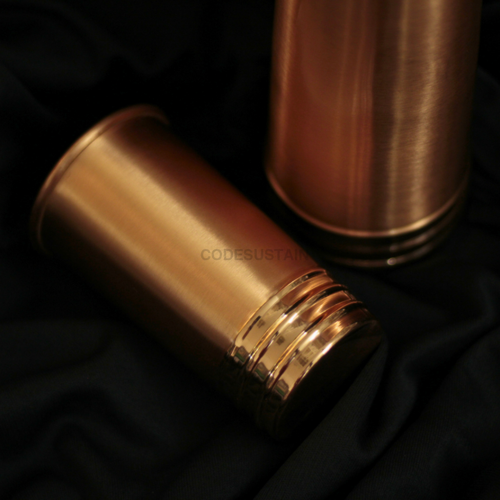 Ribbed Pure Copper Bottle with Detachable Cup | Copper Bottle with Leak Proof Cap & Glass Bottles