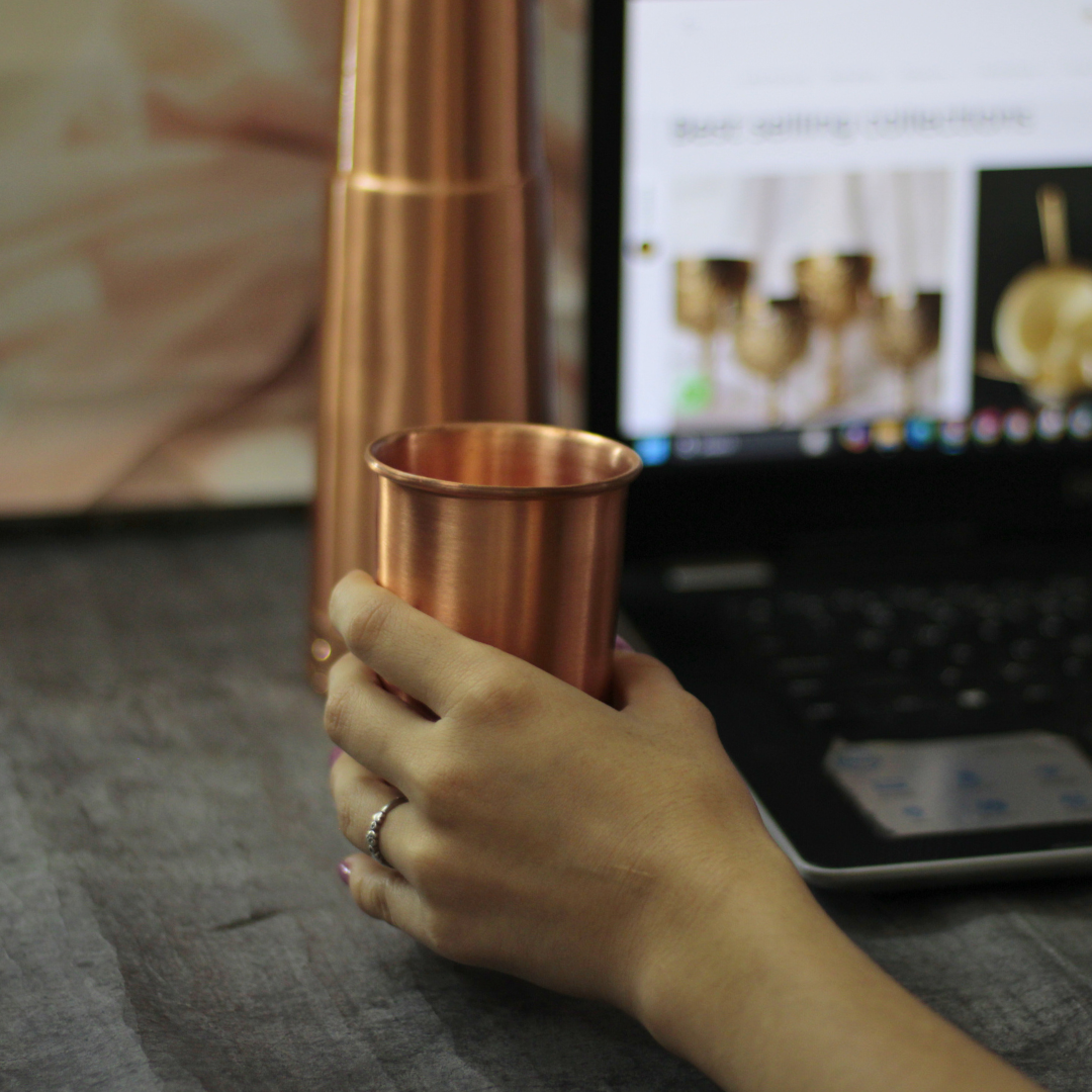 Ribbed Pure Copper Bottle with Detachable Cup | Copper Bottle with Leak Proof Cap & Glass