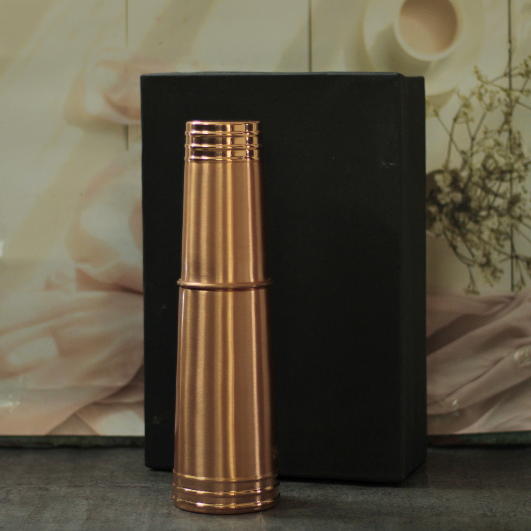 Ribbed Pure Copper Bottle with Detachable Cup | Copper Bottle with Leak Proof Cap & Glass