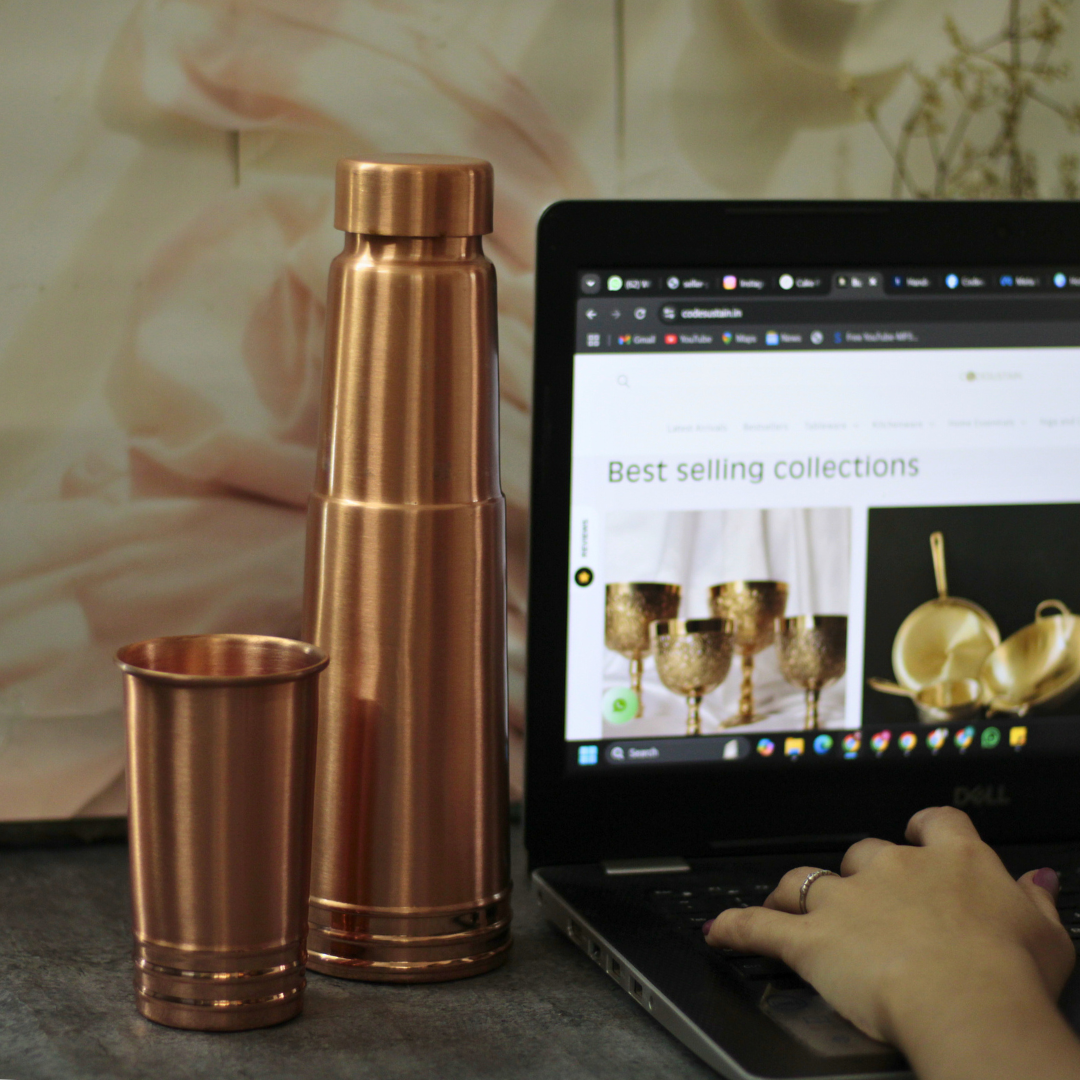 Ribbed Pure Copper Bottle with Detachable Cup | Copper Bottle with Leak Proof Cap & Glass