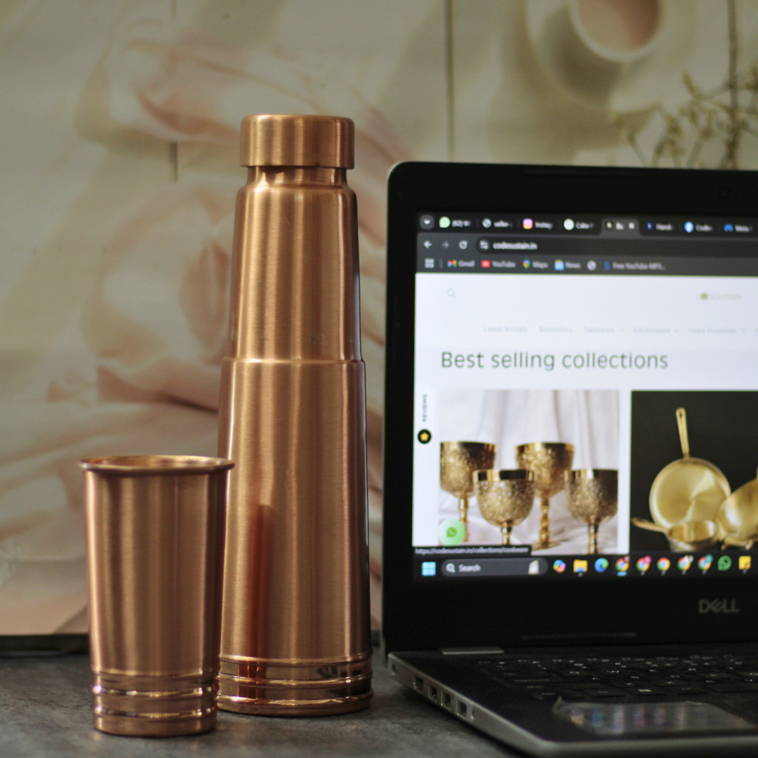 Ribbed Pure Copper Bottle with Detachable Cup | Copper Bottle with Leak Proof Cap & Glass