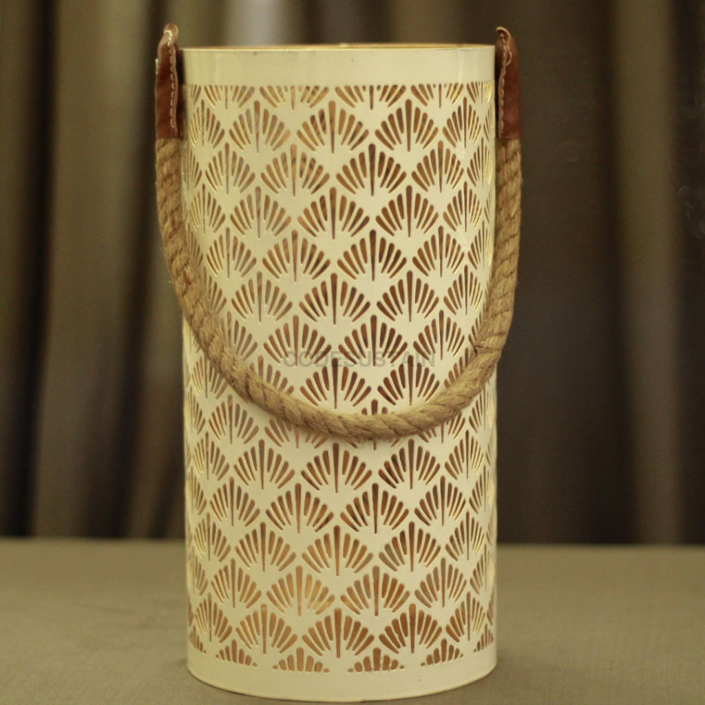 White Metal Flower-Cut Jaali Candle Holder With Handle Home Decor