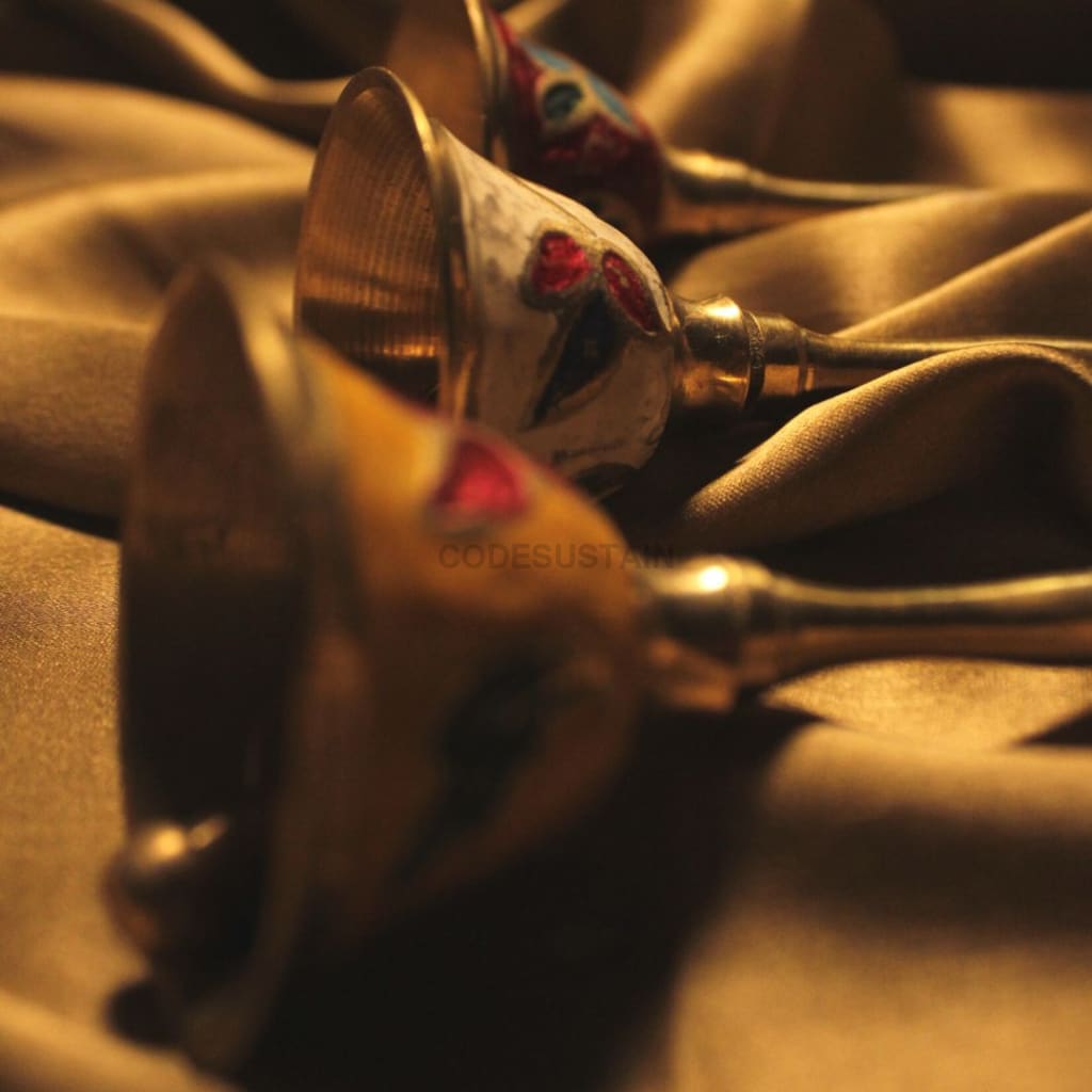 Traditional Brass Bell | Golden Finish Hand For Home Temple