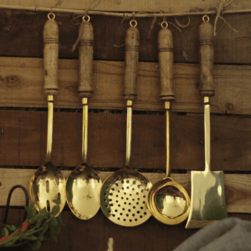 Brass Cooking Ladles | With Wooden Handles (Set Of 5)