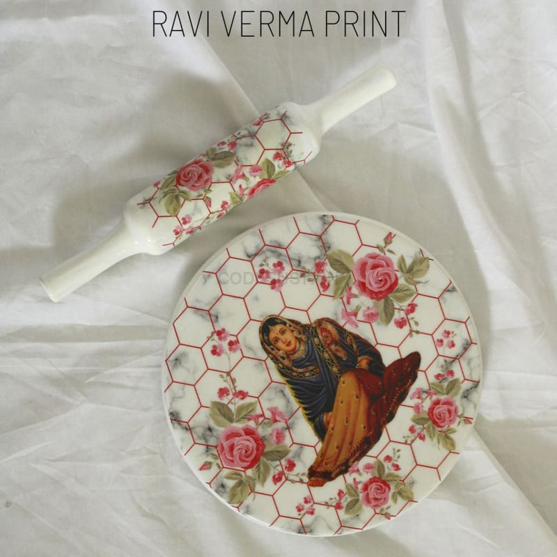Stoneluxe Real Marble Chakla And Belan | Rolling Board Pin Set Ravi Verma Print