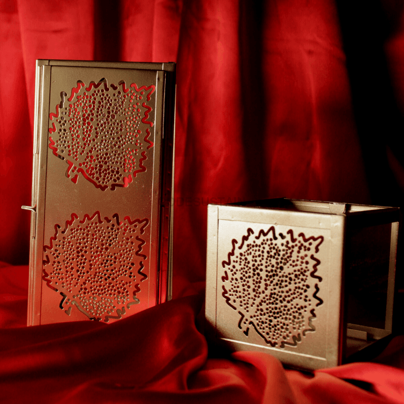 Golden And Glass Leaf Design (Set Of 2) Candle Holder