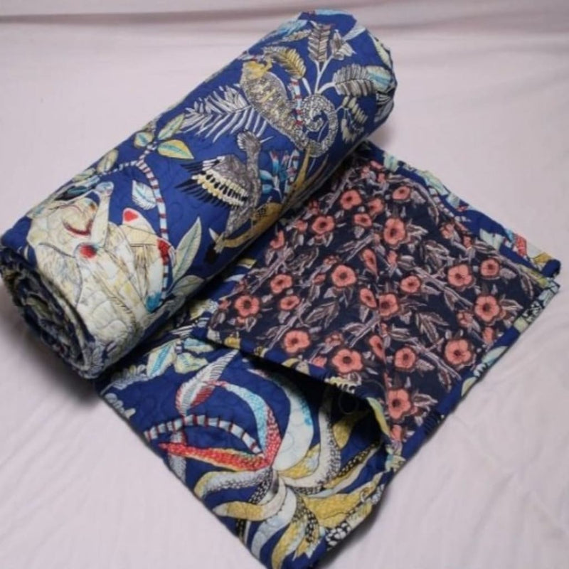 Kosa Hand Block printed Cotton Quilt | Razai | Reversible -  Blue Animal Print - Codesustain