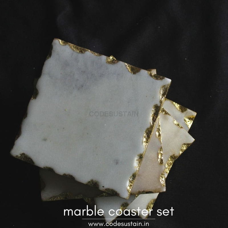 Marble Square Handcrafted Gold Plated Coaster | Luxury Coasters (Set Of 4)
