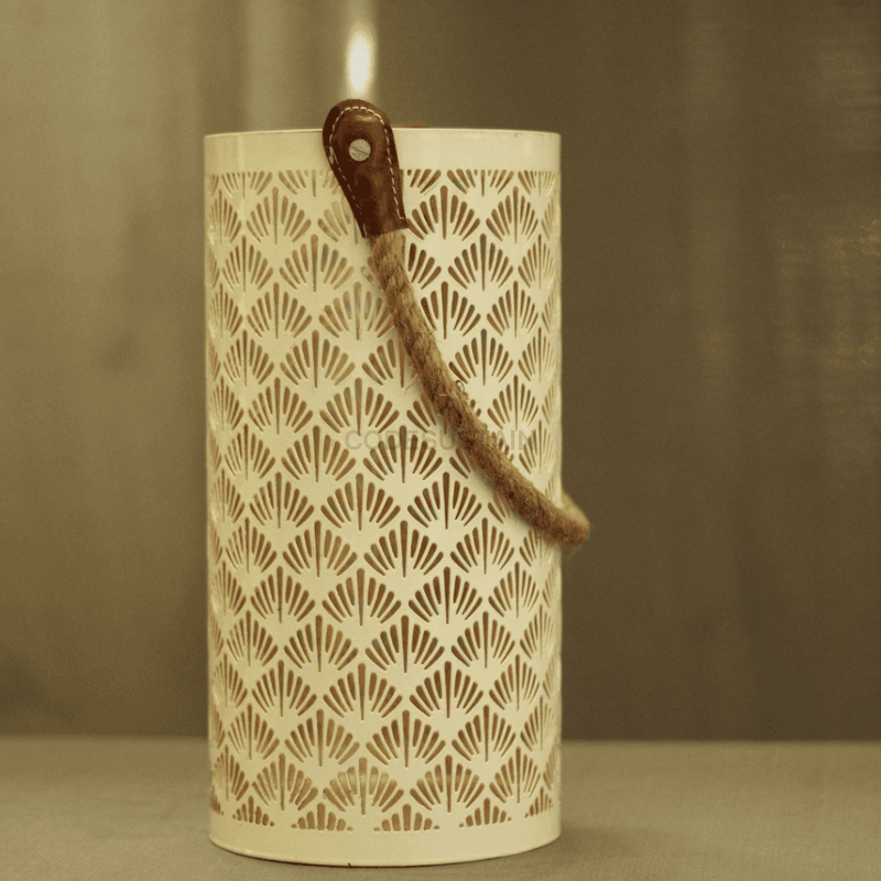 White Metal Flower-Cut Jaali Candle Holder With Handle Home Decor
