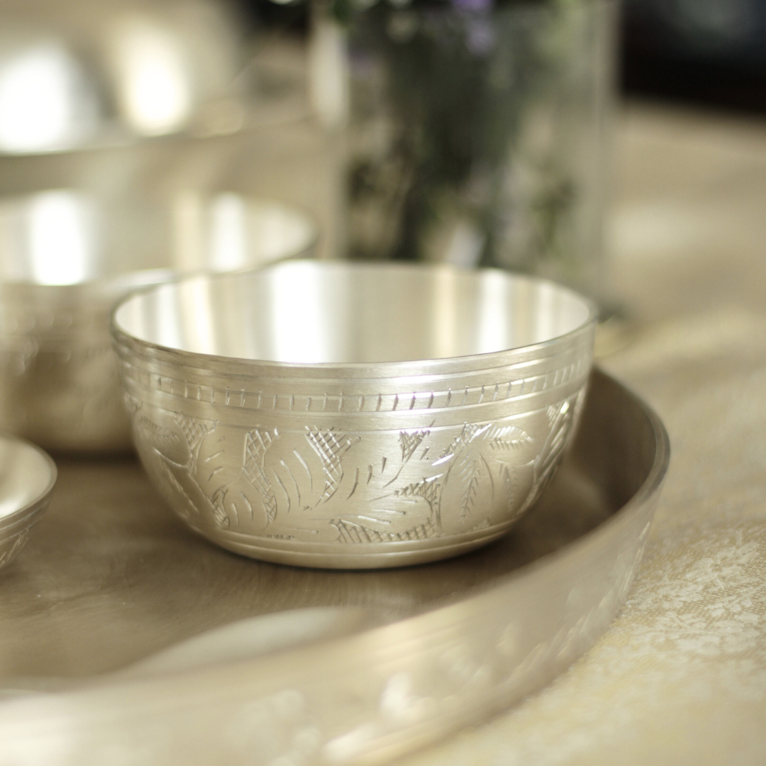 Engraved Pure Silver Plated Kansa Thali Set – Elegant Gift for Festive & Wedding Occasions