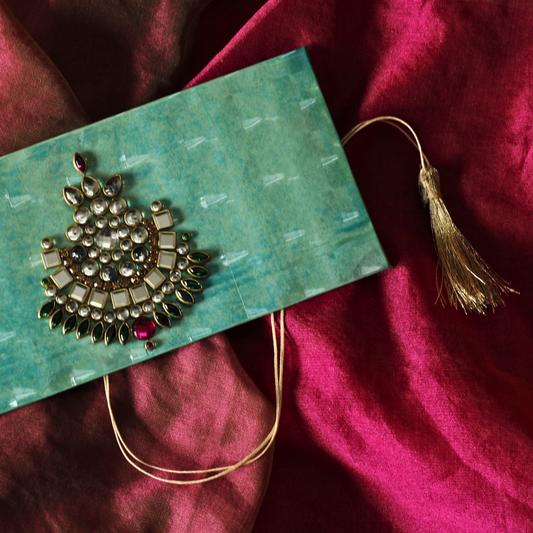Kundan Cool Green 3D Shagun Envelope, King Size Intricate Handcrafted Cash Lifafa