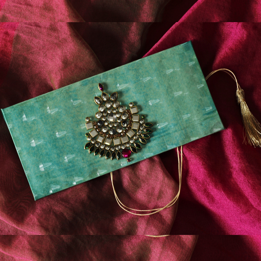 Kundan Cool Green 3D Shagun Envelope, King Size Intricate Handcrafted Cash Lifafa
