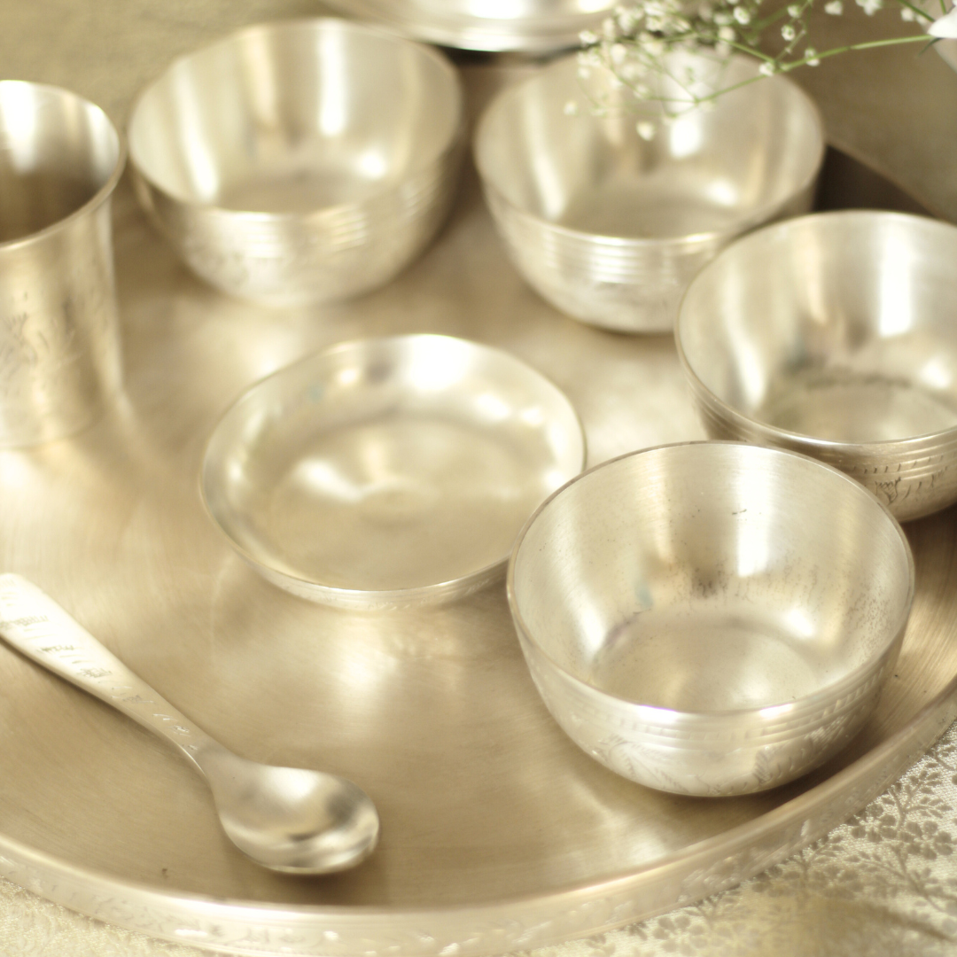 Engraved Pure Silver Plated Kansa Thali Set – Elegant Gift for Festive & Wedding Occasions