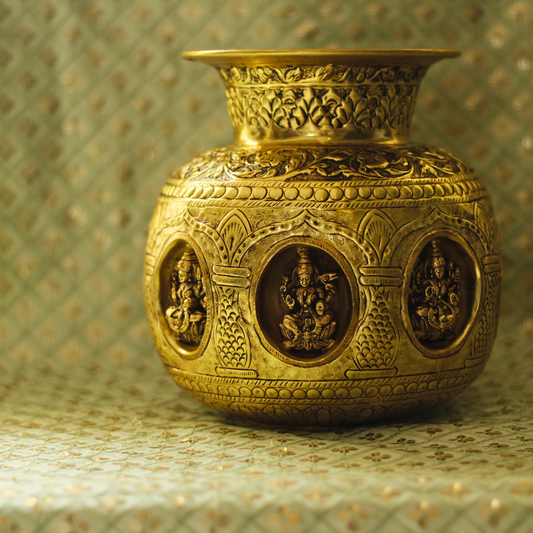 Jumbo Gold Brass AshtaLaxmi Kalash for Abundance and Wealth | Superfine Handmade Pital Laxmi Kalash | Inviting Prosperity & Growth | Luxe Home Gifting