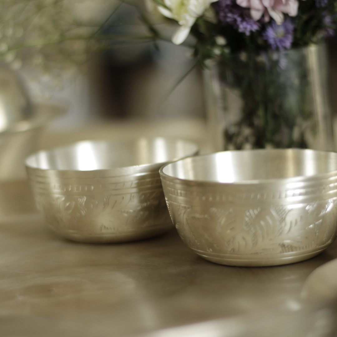 Engraved Pure Silver Plated Kansa Thali Set – Elegant Gift for Festive & Wedding Occasions