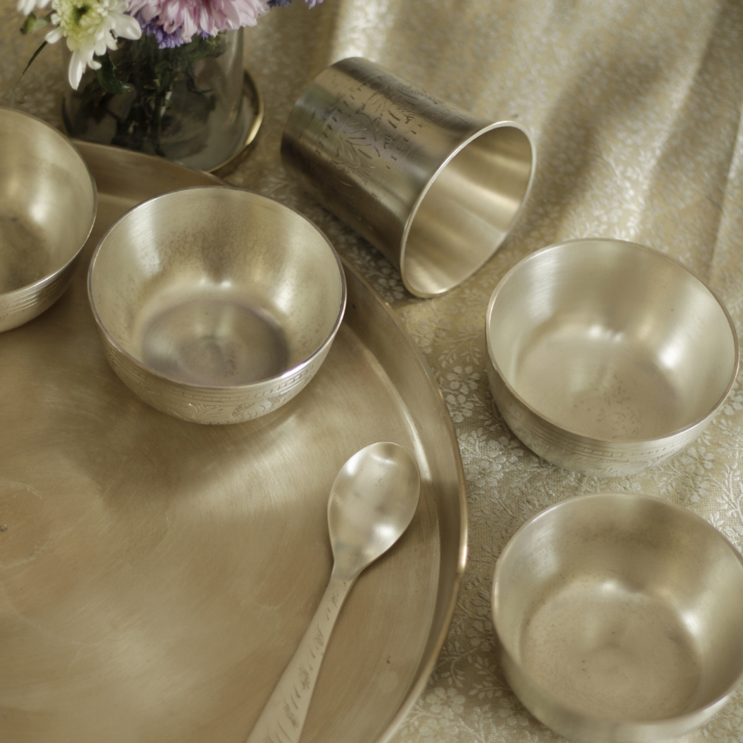 Engraved Pure Silver Plated Kansa Thali Set – Elegant Gift for Festive & Wedding Occasions