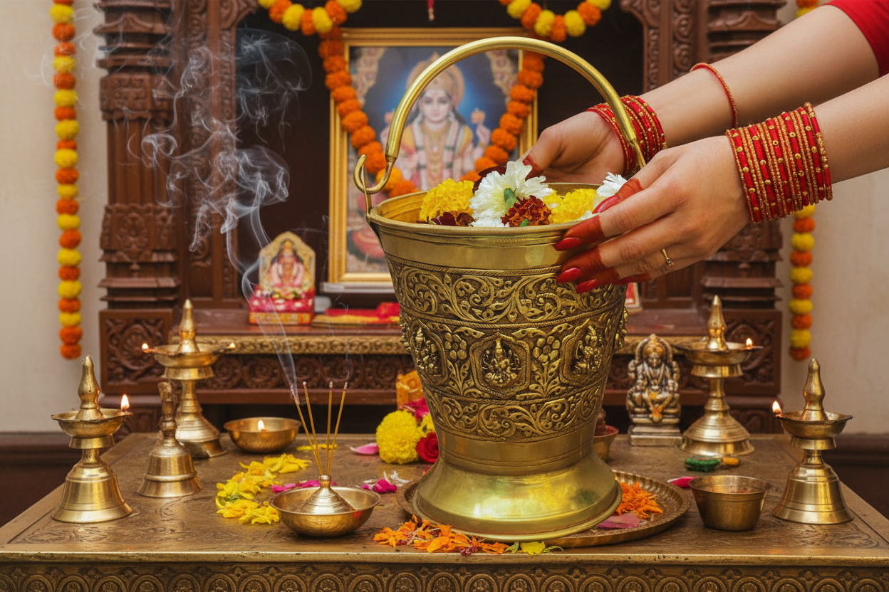 Gold Brass Jumbo Ashtalaxmi Bucket for Abundance and Prosperity | Lakshmi Poojan Essentials for Wealth and Growth | House Warming