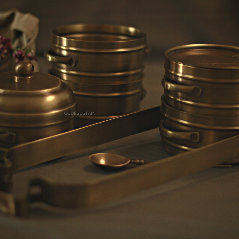 Antique Brass Tiffin Box with Spoon | 5 layer Handmade Tiffin - Codesustain Ventuures Pvt Ltd