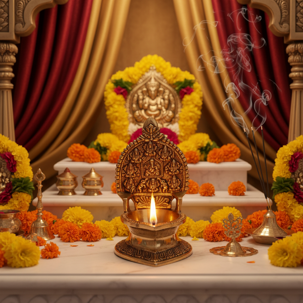 Superfine Gold Brass Ganesh Ashtalaxmi Diya for Prosperity and Abundance | Handcrafted Divine Brass | Gift Box