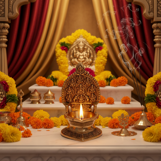 Superfine Gold Brass Ganesh Ashtalaxmi Diya for Prosperity and Abundance | Handcrafted Divine Brass | Gift Box