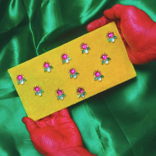 Handcrafted Large Cash Shagun Envelopes - Floral Buti Yellow Velvet, King Size