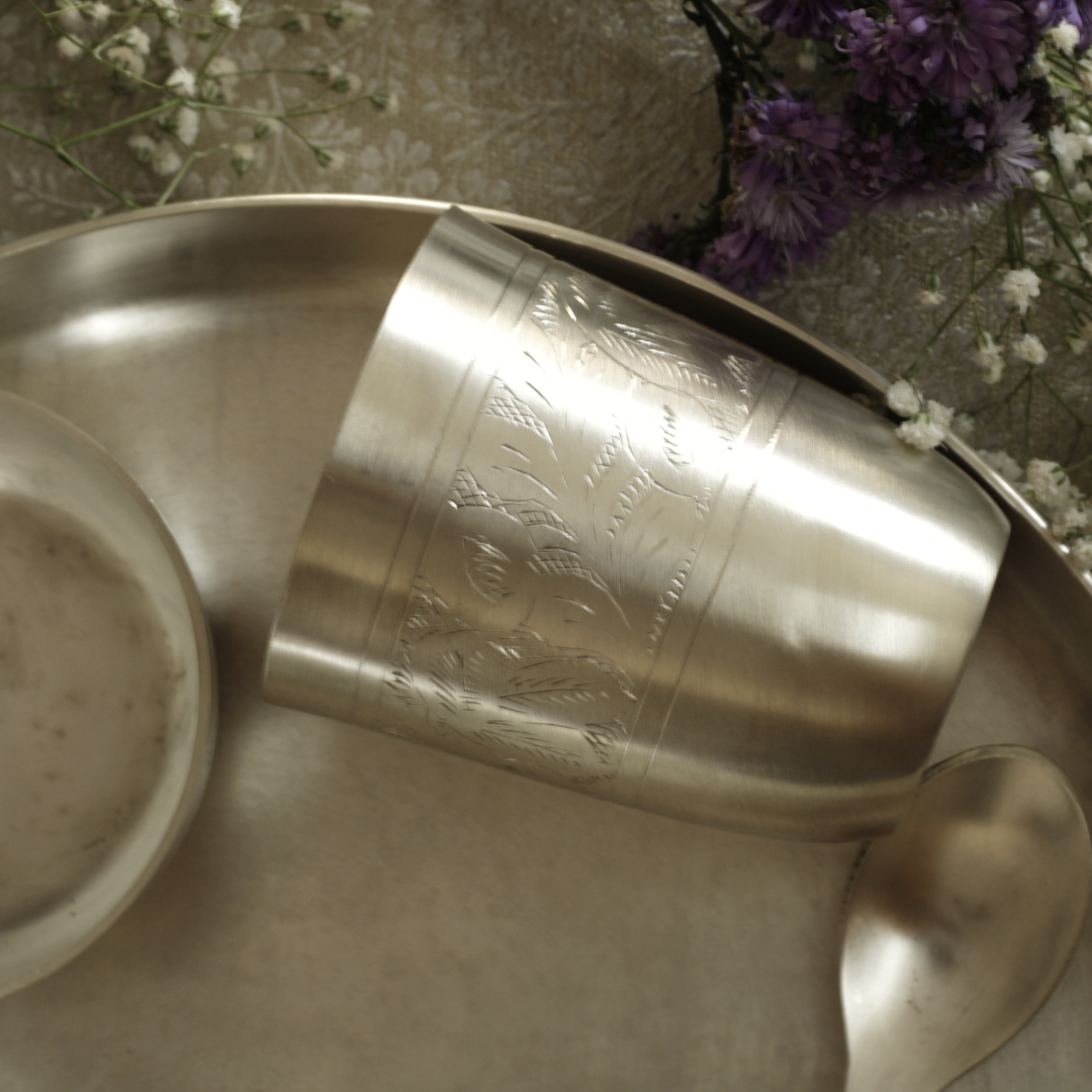 Engraved Pure Silver Plated Kansa Thali Set – Elegant Gift for Festive & Wedding Occasions