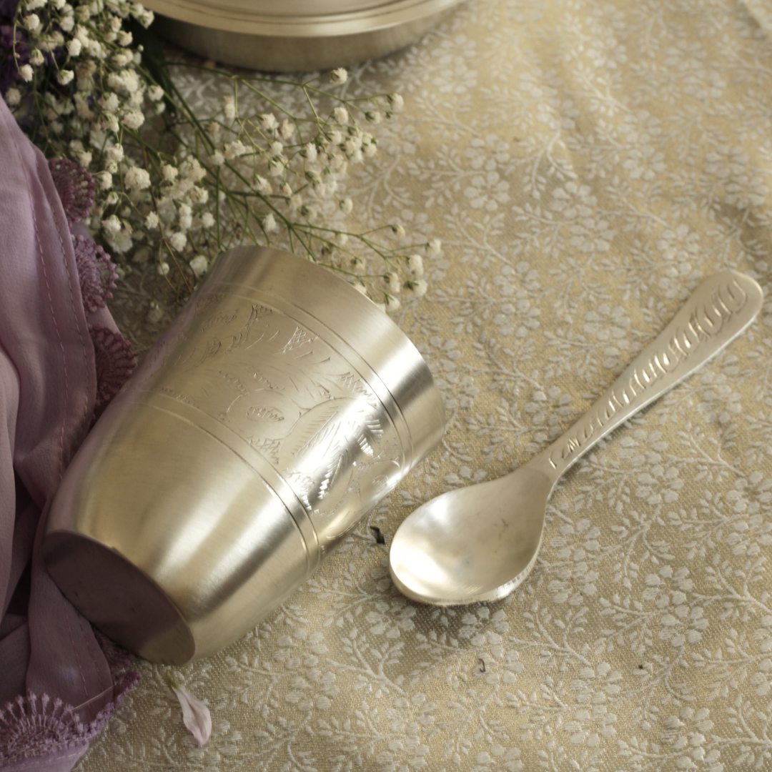 Engraved Pure Silver Plated Kansa Thali Set – Elegant Gift for Festive & Wedding Occasions