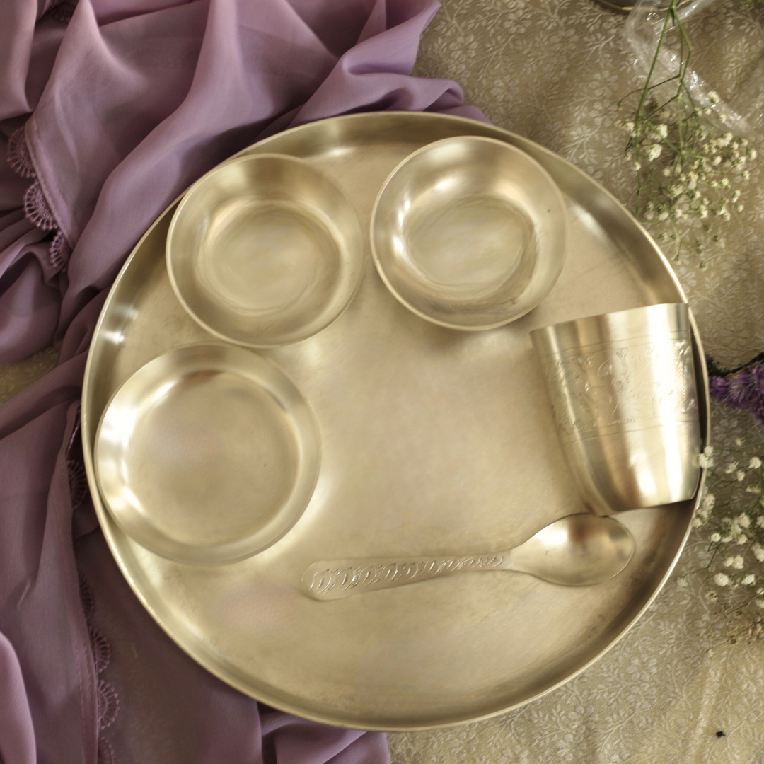 Engraved Pure Silver Plated Kansa Thali Set – Elegant Gift for Festive & Wedding Occasions