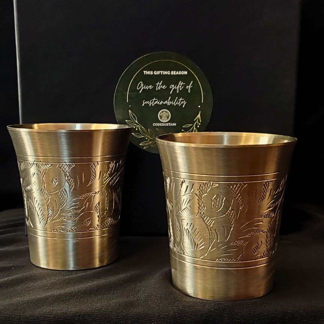 Engraved Kansa Lassi Glasses in a Gift Box | Kansa Tumblers (Set of 2)