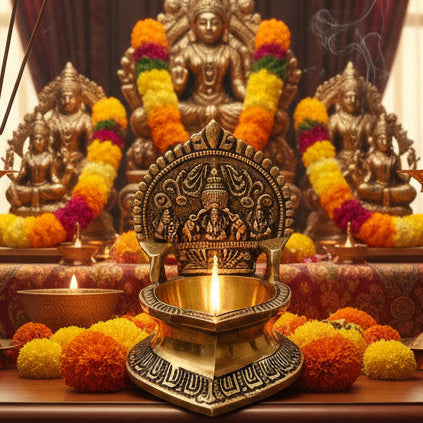 Superfine Gold Brass Ganesh Ashtalaxmi Diya for Prosperity and Abundance | Handcrafted Divine Brass