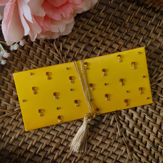 Saffron Silk Shagun Envelope – Bright Yellow Handcrafted Kundan Cash Lifafa | Handcrafted Money Envelope