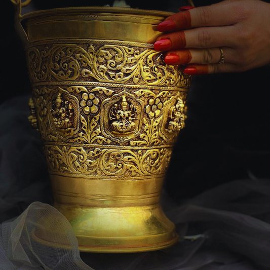Jumbo Gold Brass Handmade Ashtalaxmi Bucket for Abundance and Prosperity | Pital Bucket for Lakshmi Poojan | Invite Blessings