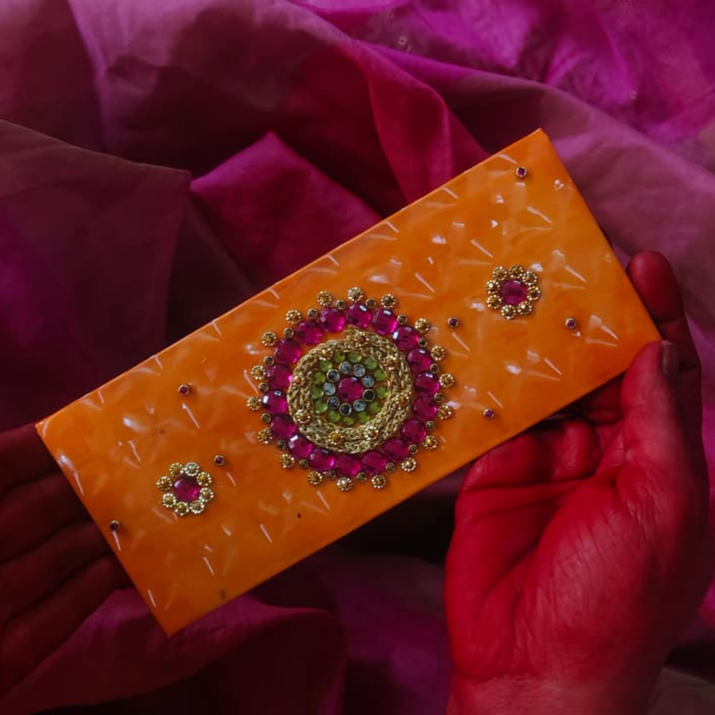 Shahi Kundan 3D Shagun Envelope – Chatak Orange Signature Cash Lifafa | Handcrafted Money Envelope