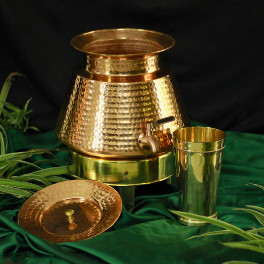 Pure Copper Water Dispenser Set | Copper Decanter Pot with Lid & Stand
