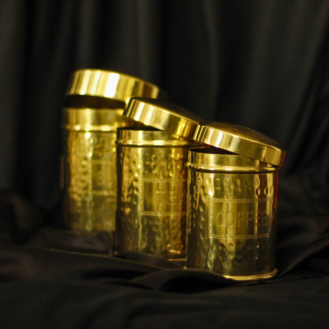 Tea, Coffee, Sugar - Antique Imprinted Cannisters | Containers | Dabbas | Set of 3  – Elegant Kitchen Décor & Storage