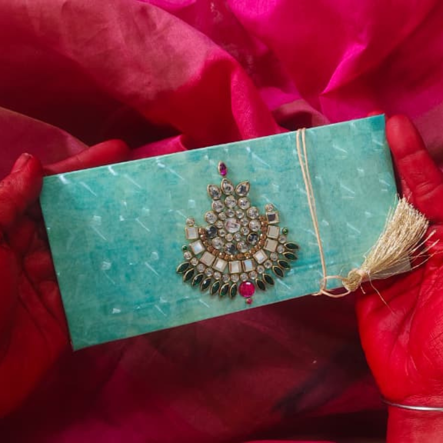 King Size Intricate Kundan Cool Green 3D Shagun Envelope – Handcrafted Cash Lifafa