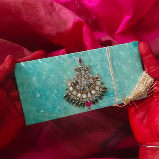 King Size Intricate Kundan Cool Green 3D Shagun Envelope – Handcrafted Cash Lifafa
