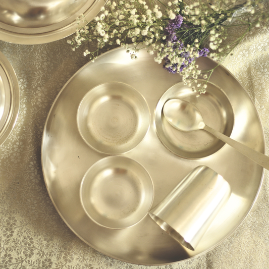 6-Piece Modern Pure Silver Plated Thali Set for 1 person | Luxury Ayurvedic Dinner Set for Elegant Dining