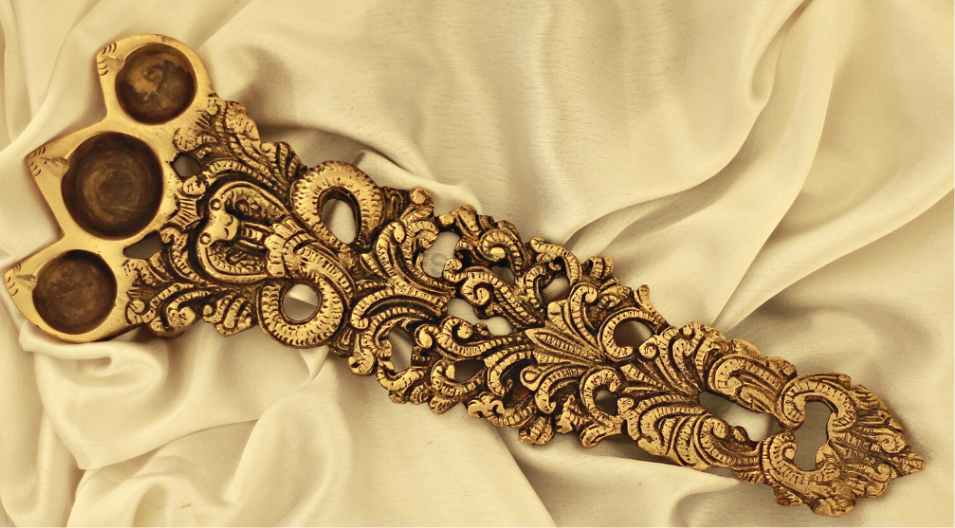 Large Antique Brass Arti Diya with Intricate Serpent Energy Handle | Sheeshnag design