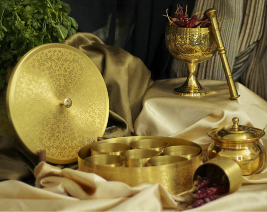 Brass Kitchen Essentials Starter Kit - Engraved Masala Box, Mortar Pestle & Ghee Pot