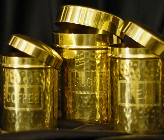 Tea, Coffee, Sugar - Antique Imprinted Cannisters | Containers | Dabbas | Set of 3  – Elegant Kitchen Décor & Storage