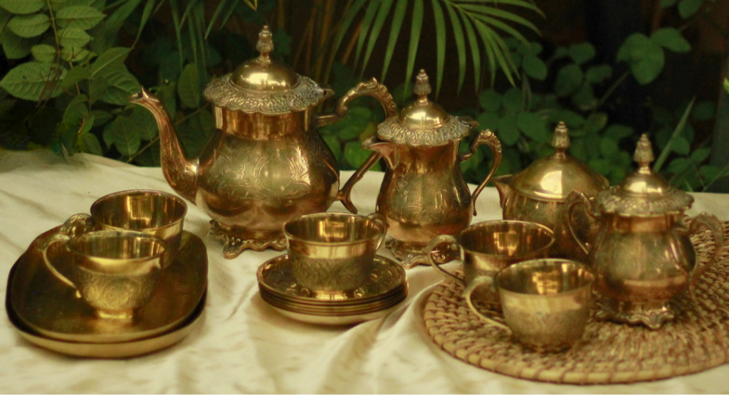 Diwali Luxury Gifting - Gold Brass High Tea Set | Tea Set with Gift Box (16 pcs) | Luxury Tea Set