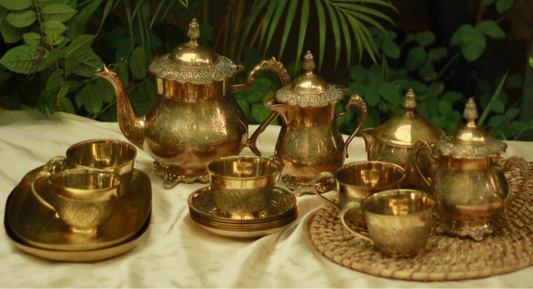 Luxe Solid Brass High Tea Set with 6 Cup Saucers | Tea Set with Gift Box with 16 pcs | English Tea Set