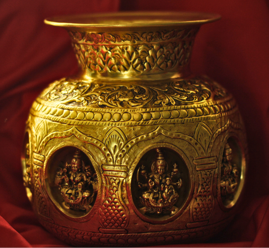 Jumbo Gold Brass AshtaLaxmi Kalash for Abundance and Wealth | Laxmi Poojan Kalash | Invite Prosperity