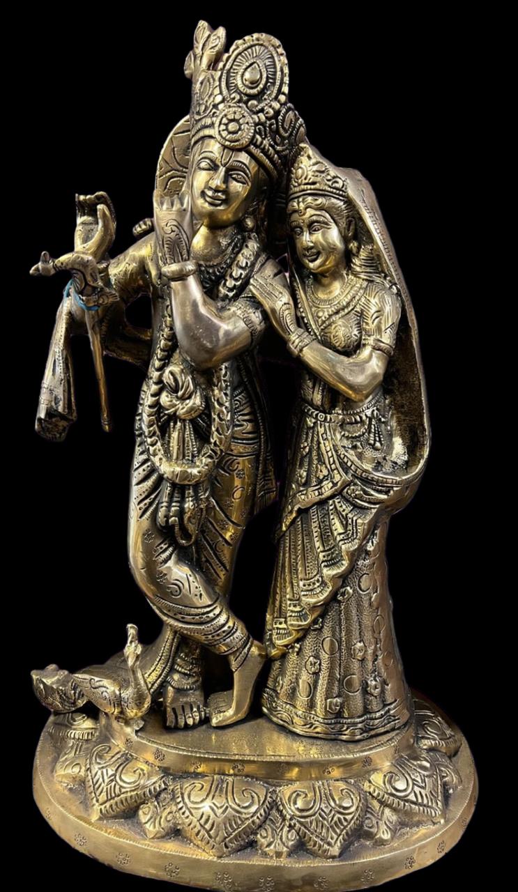 Handcrafted Large Superfine Radha Krishna Pure Brass Statue Idol in Vintage Finish| Heavy Gauge Standing Sculpture | 9 kgs | 1.25 feet | Bring Home Blessings & Abundance | Luxury Gifting for House Warming and Weddings