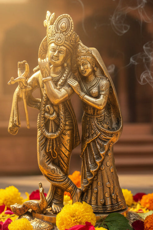 Handcrafted Large Superfine Radha Krishna Pure Brass Statue Idol in Vintage Finish| Heavy Gauge Standing Sculpture | 9 kgs | 1.25 feet | Bring Home Blessings & Abundance | Luxury Gifting for House Warming and Weddings