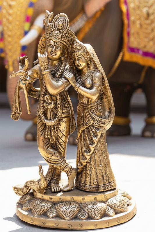 Handcrafted Large Superfine Radha Krishna Pure Brass Statue Idol in Vintage Finish| Heavy Gauge Standing Sculpture | 9 kgs | 1.25 feet | Bring Home Blessings & Abundance | Luxury Gifting for House Warming and Weddings