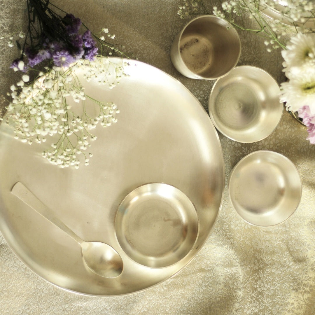 Engraved Pure Silver Plated Kansa Thali Set – Elegant Gift for Festive & Wedding Occasions